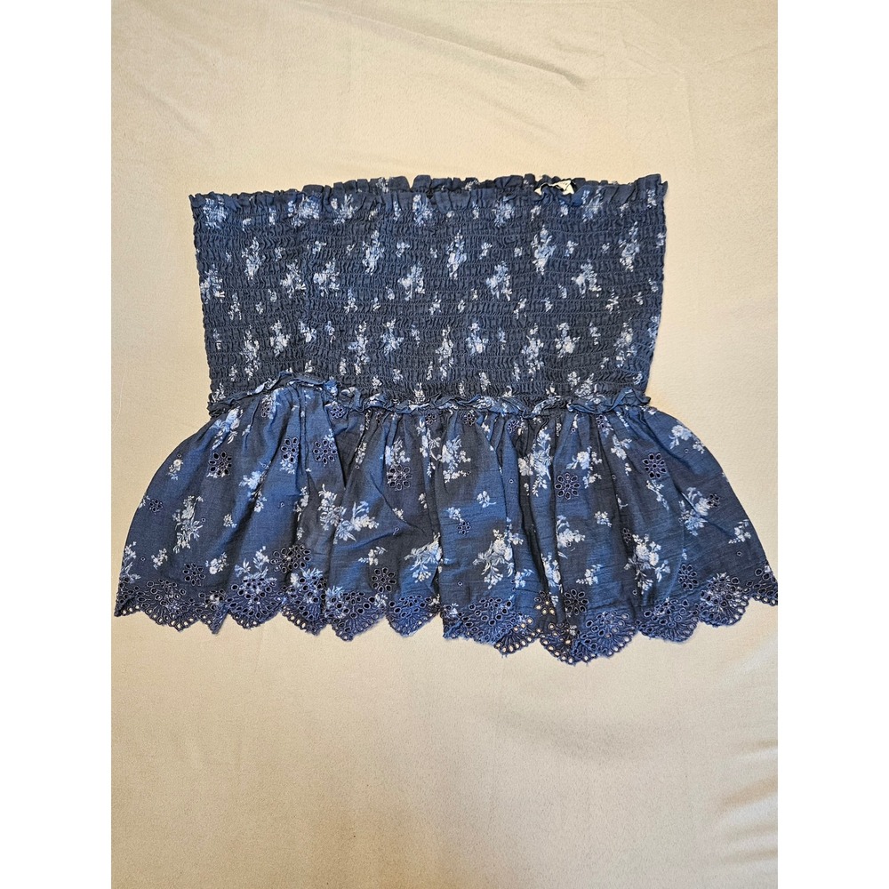American Eagle Tube‎ Top Womens XL Blue Floral Smocked Eyelet Peplum Strapless